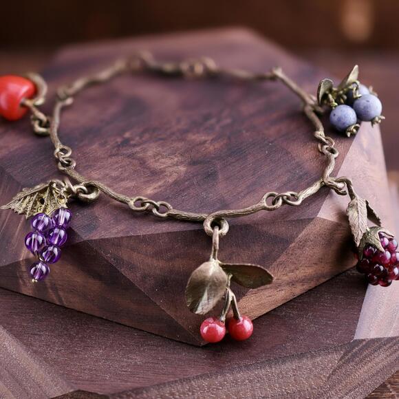 Michael Michaud's Handmade Botanical Gemstone Fruit Charm Bracelet 7.75" - Picture 1 of 13